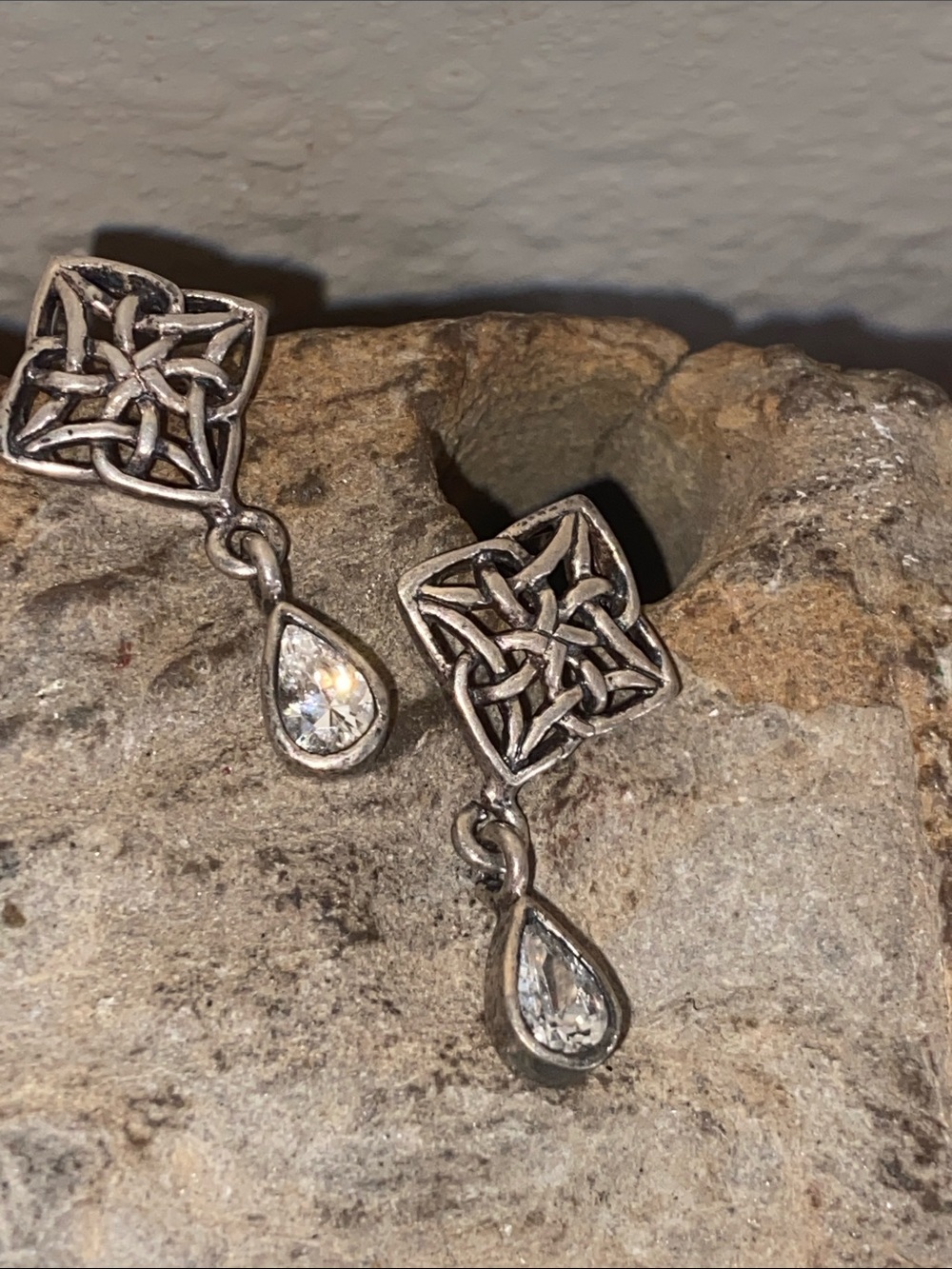 Vintage 80s Celtic Cross 925 Sterling Silver CZ Stud Earrings